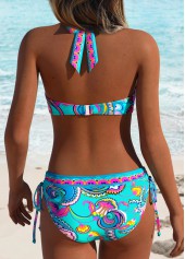 Blue swimwear,Floral swimwear,Plants swimwear,ROTITA Light Yellow Patchwork Floral Print Mid Waisted Bikini Set