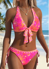 Hot Pink swimwear,Plants swimwear,Floral swimwear,ROTITA Hot Pink Patchwork Random Floral Print Bikini Set