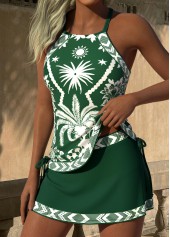 Green swimwear,Plants swimwear,ROTITA Green Tummy Coverage Tropical Plants Print Tankini Set