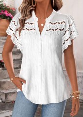 ROTITA Shirred White Split Neck Short Sleeve Blouse