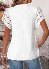 White tops,Plain Color tops,ROTITA Shirred White Split Neck Short Sleeve Blouse
