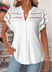 White tops,Plain Color tops,ROTITA Shirred White Split Neck Short Sleeve Blouse