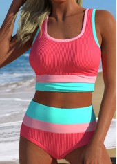 Coral swimwear,Plain Color swimwear,ROTITA Coral High Waisted Scoop Neck Bikini Set
