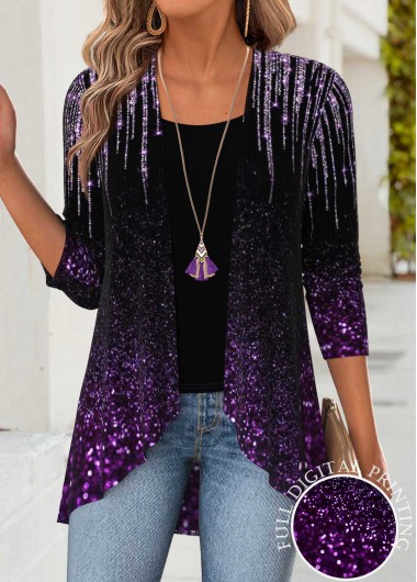 Purple tops,Ombre tops,ROTITA Tummy Coverage Ombre Purple Long Sleeve Lightweight Cardigan