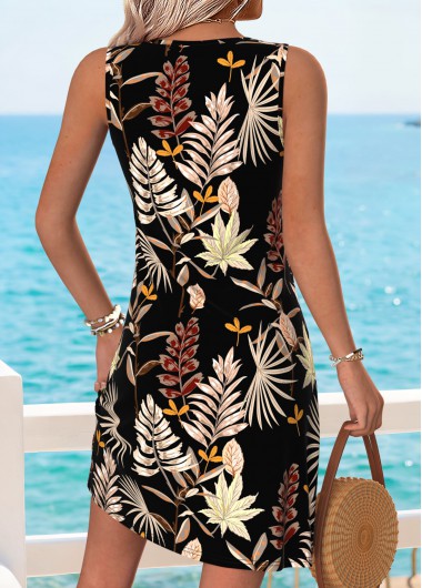 Black dresses,Plants dresses,Vacation dresses,Vacation dresses,ROTITA Tummy Coverage Leaf Print Black Short Scoop Neck Dress