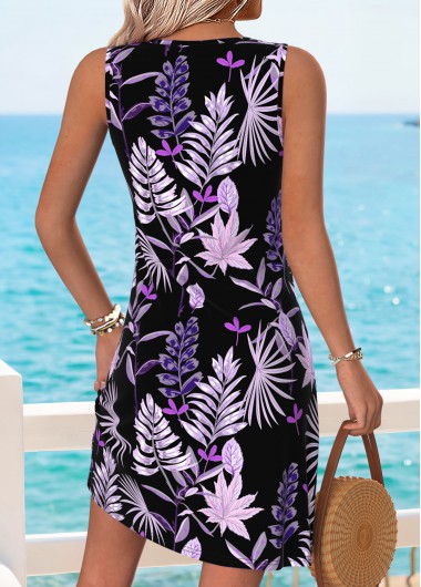 Black dresses,Plants dresses,Vacation dresses,Vacation dresses,ROTITA Tummy Coverage Leaf Print Black Short Scoop Neck Dress