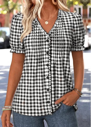 Black tops,Plaid tops,Geometric tops,ROTITA Tummy Coverage Plaid Black V Neck Short Sleeve Blouse