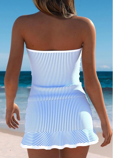 Light Blue swimwear,Striped swimwear,Geometric swimwear,ROTITA Light Blue Bowknot Striped Mid Waisted Tankini Set