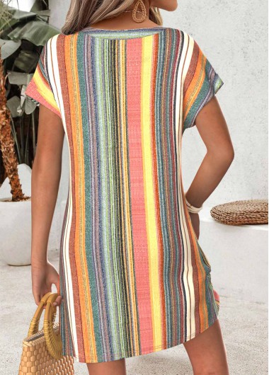Multi Color dresses,Striped dresses,Geometric dresses,Everyday dresses,Casual dresses,ROTITA Multi Color Tummy Coverage Short Split Neck Dress