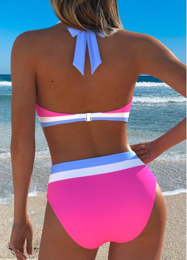 Hot Pink swimwear,Contrast Color swimwear,ROTITA Hot Pink Patchwork Mid Waisted Bikini Set