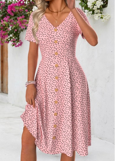 Pink dresses,Dot dresses,Everyday dresses,Casual dresses,ROTITA Polka Dot Pink V Neck Short Sleeve Dress