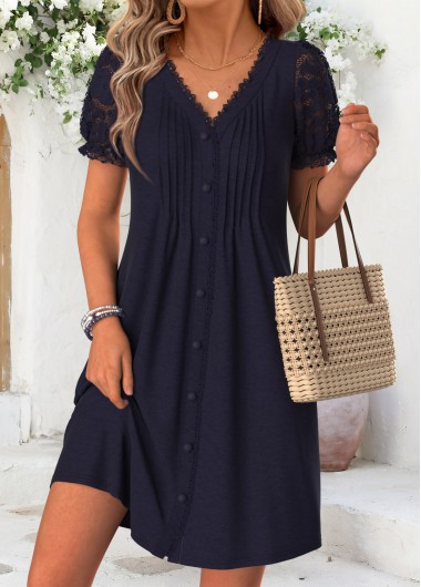 Navy dresses,Plain Color dresses,Vacation dresses,Vacation dresses,ROTITA Navy Tuck Stitch Short V Neck Dress