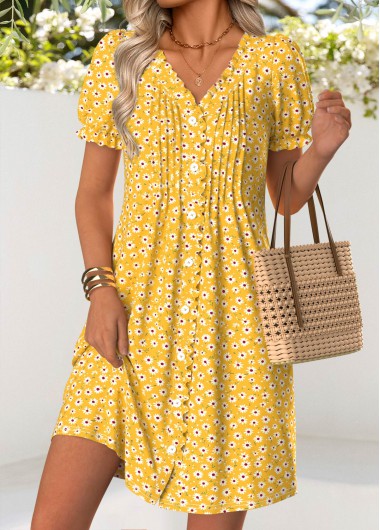 Yellow dresses,Ditsy Floral dresses,Vacation dresses,Vacation dresses,ROTITA Yellow Ditsy Floral Print Tuck Stitch Short Dress