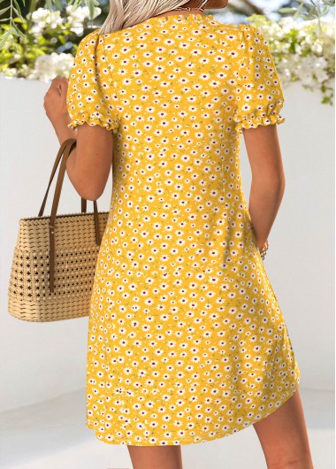 Yellow dresses,Ditsy Floral dresses,Vacation dresses,Vacation dresses,ROTITA Yellow Ditsy Floral Print Tuck Stitch Short Dress
