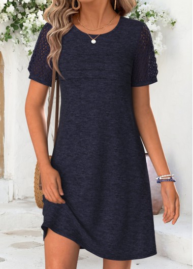 Navy dresses,Plain Color dresses,Everyday dresses,Casual dresses,ROTITA Navy Patchwork Short Round Neck Dress