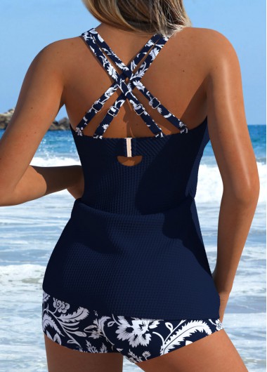 Navy swimwear,Plants swimwear,Floral swimwear,ROTITA Navy Cut Out Random Floral Print Tankini Set