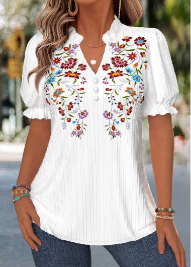 White tops,Floral tops,Plants tops,ROTITA Curved Hem Floral Print White Split Neck Blouse