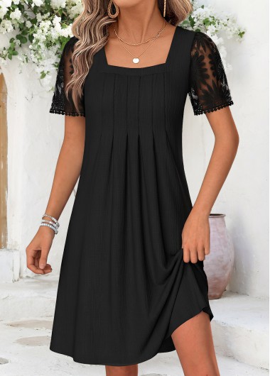 Black dresses,Plain Color dresses,Vacation dresses,Vacation dresses,ROTITA Black Tummy Coverage Short Square Neck Dress