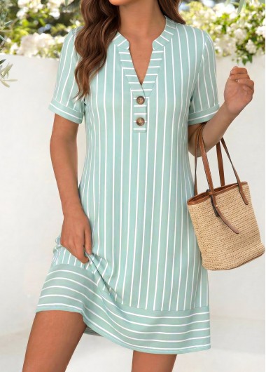 Light Green dresses,Striped dresses,Geometric dresses,Everyday dresses,Casual dresses,ROTITA Light Green Striped Short Split Neck Dress
