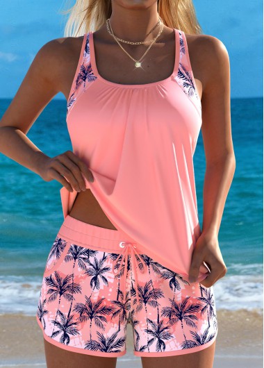 Dusty Pink plus size,Plants plus size,ROTITA Plus Size Mid Waisted Patchwork Dusty Pink Tankini Set