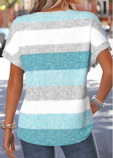 Mint Green tops,Striped tops,Geometric tops,ROTITA Tummy Coverage Striped Mint Green Split Neck T Shirt