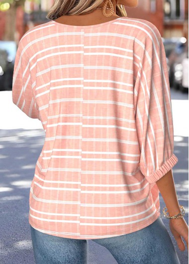 Pink tops,Striped tops,Geometric tops,ROTITA Tummy Coverage Striped Pink Round Neck 3/4 Sleeve Blouse