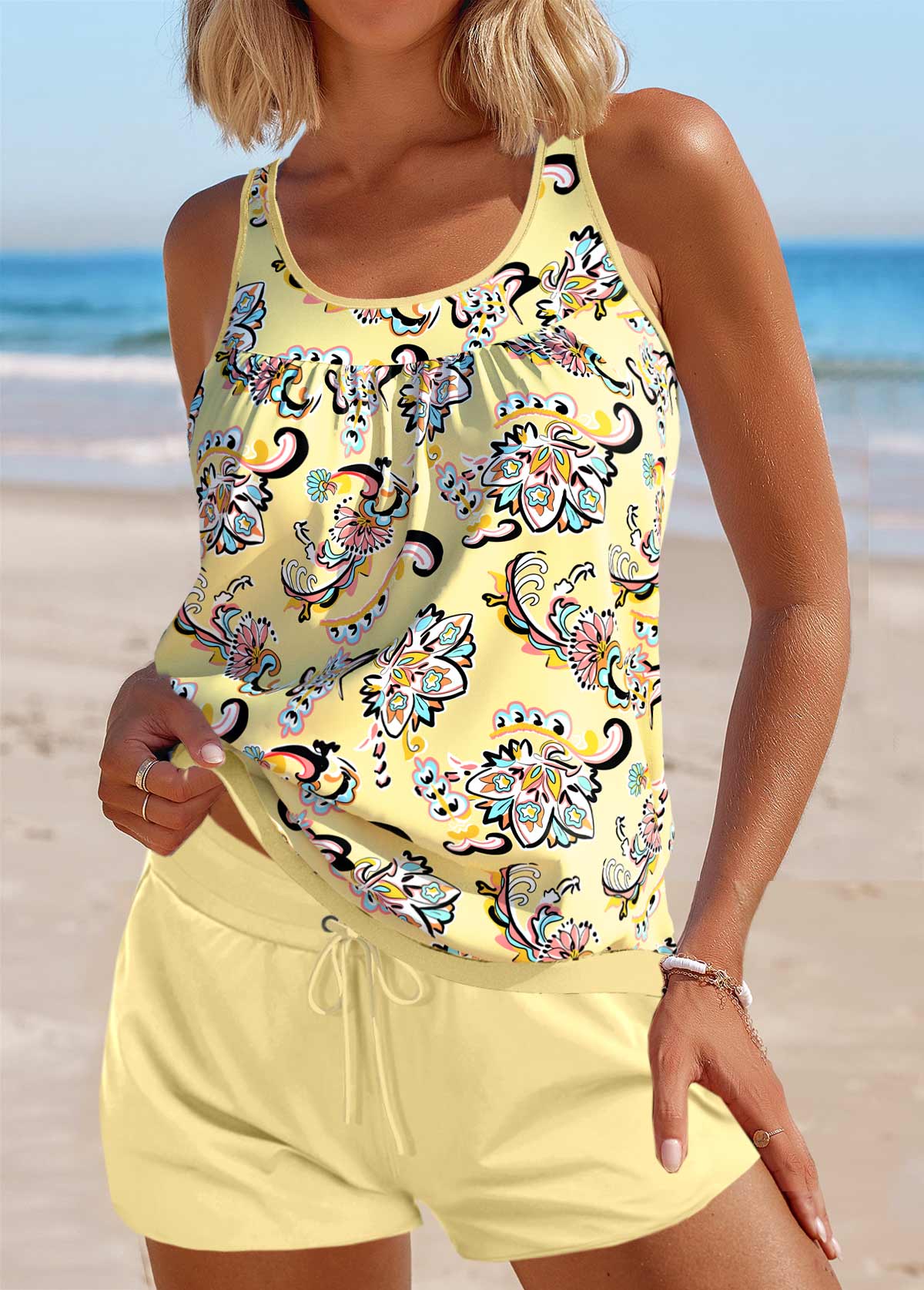 Light Yellow swimwear,Tribal swimwear,Floral swimwear,Plants swimwear,ROTITA Patchwork Light Yellow Tribal Print Tankini Set