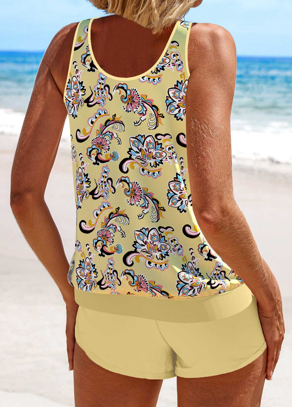 Light Yellow swimwear,Tribal swimwear,Floral swimwear,Plants swimwear,ROTITA Patchwork Light Yellow Tribal Print Tankini Set