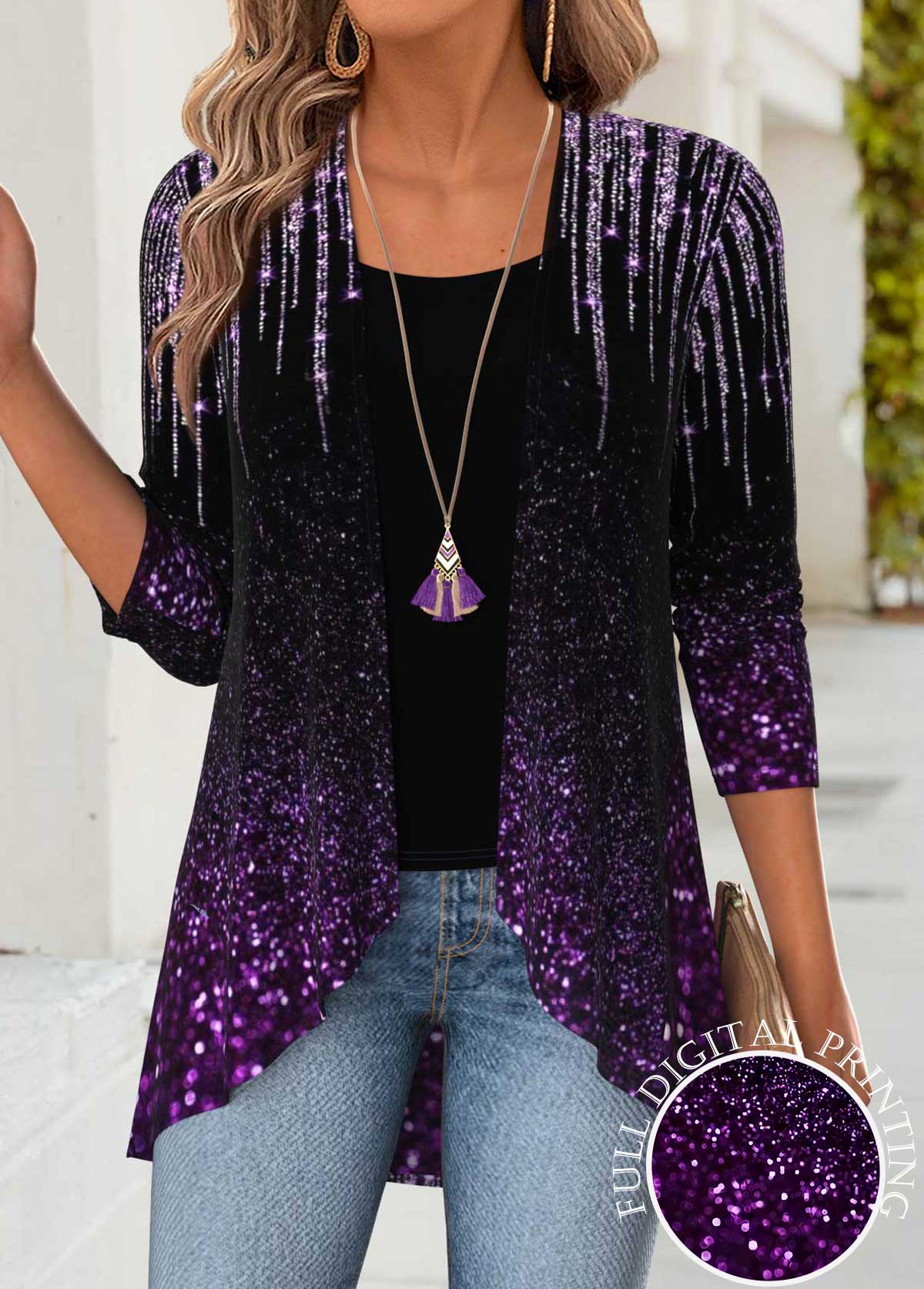 Purple tops,Ombre tops,ROTITA Tummy Coverage Ombre Purple Long Sleeve Lightweight Cardigan