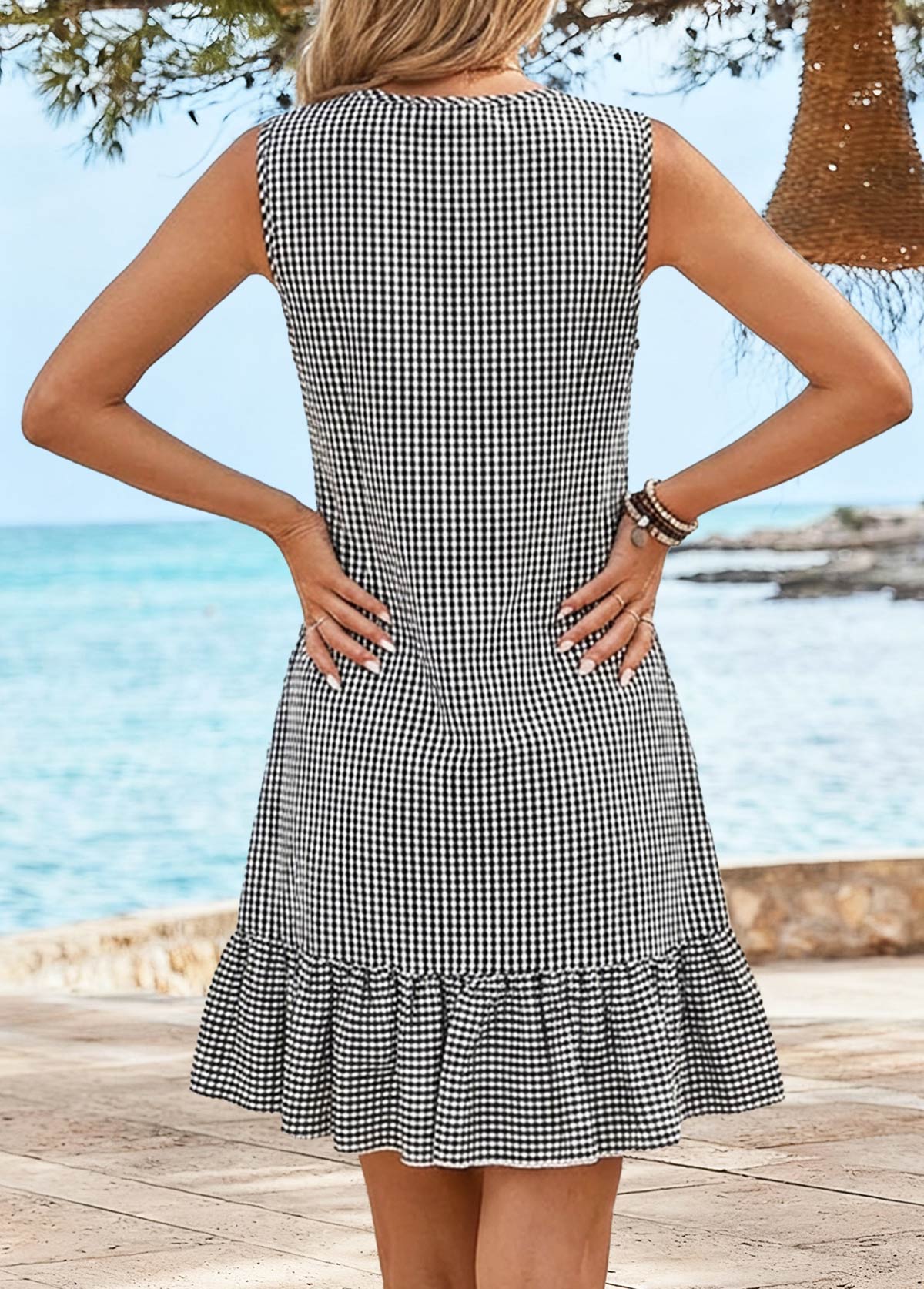 Black dresses,Plaid dresses,Geometric dresses,Vacation dresses,Vacation dresses,ROTITA Tummy Coverage Plaid Black Short Round Neck Sleeveless Dress