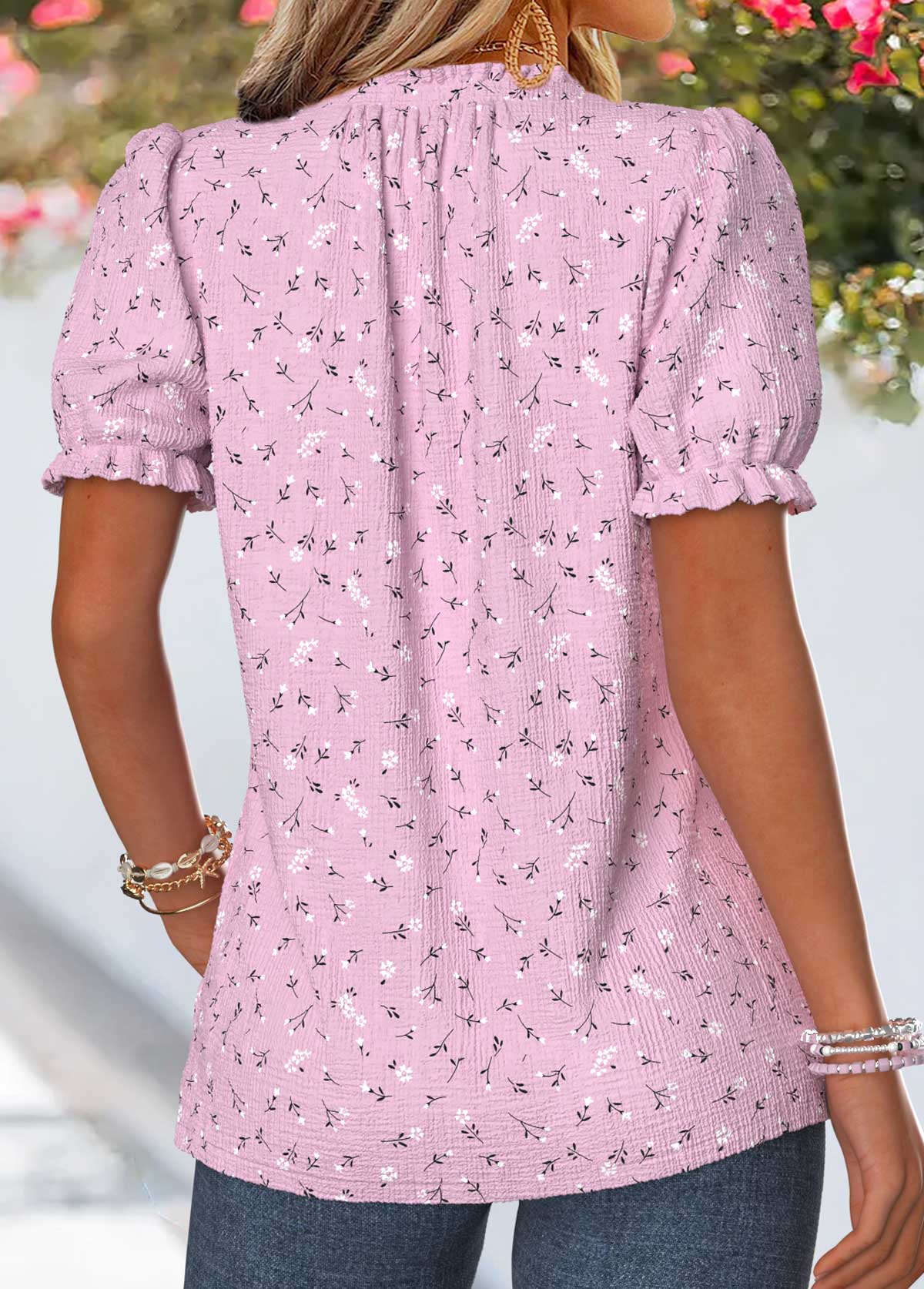Dusty Purple tops,Floral tops,Plants tops,ROTITA Frill Floral Print Dusty Purple V Neck T Shirt