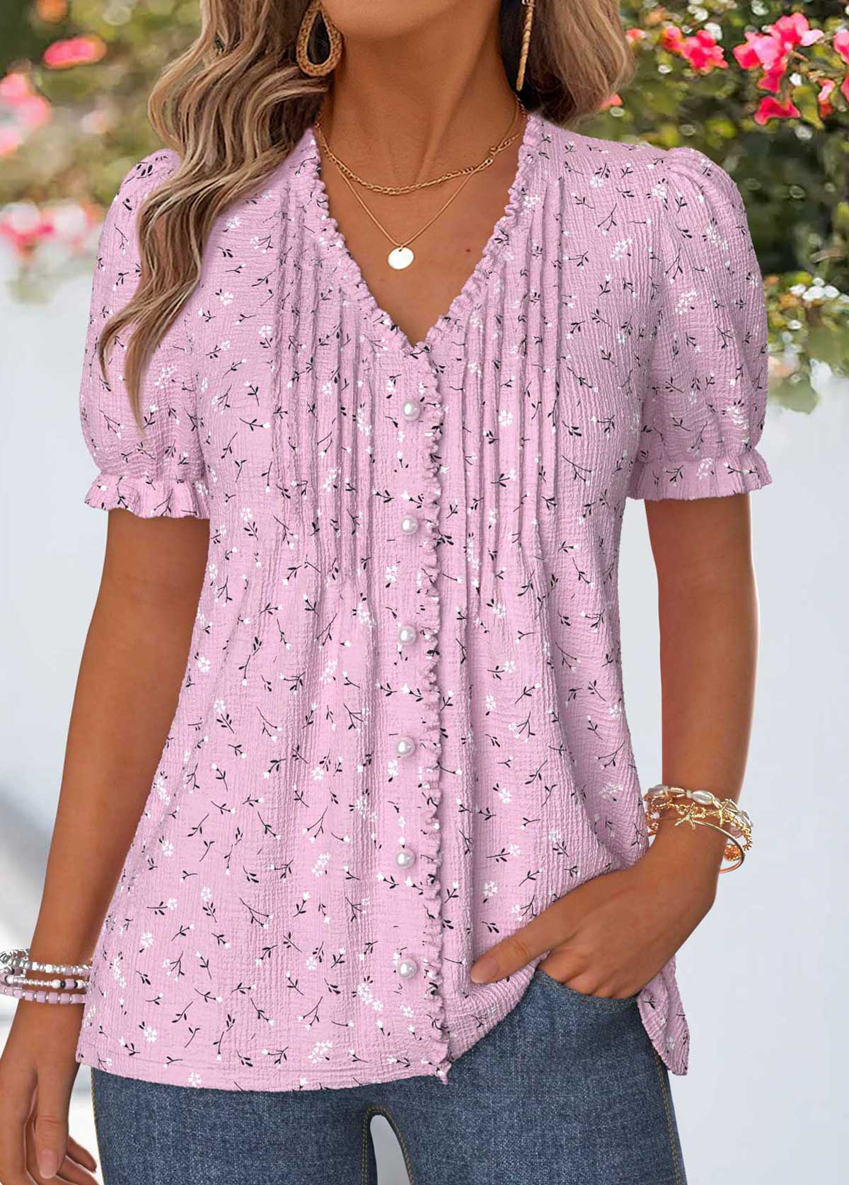 Dusty Purple tops,Floral tops,Plants tops,ROTITA Frill Floral Print Dusty Purple V Neck T Shirt