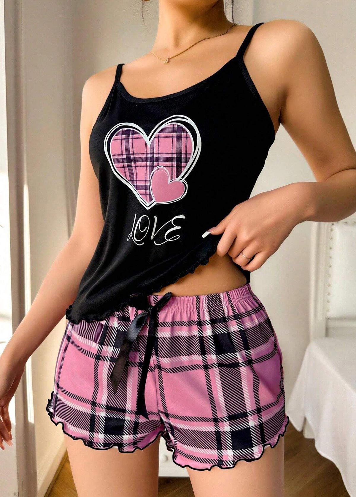 Pink loungewear,Plaid loungewear,Geometric loungewear,Plaid Pink Scoop Neck Sleeveless Lounge Top and Shorts