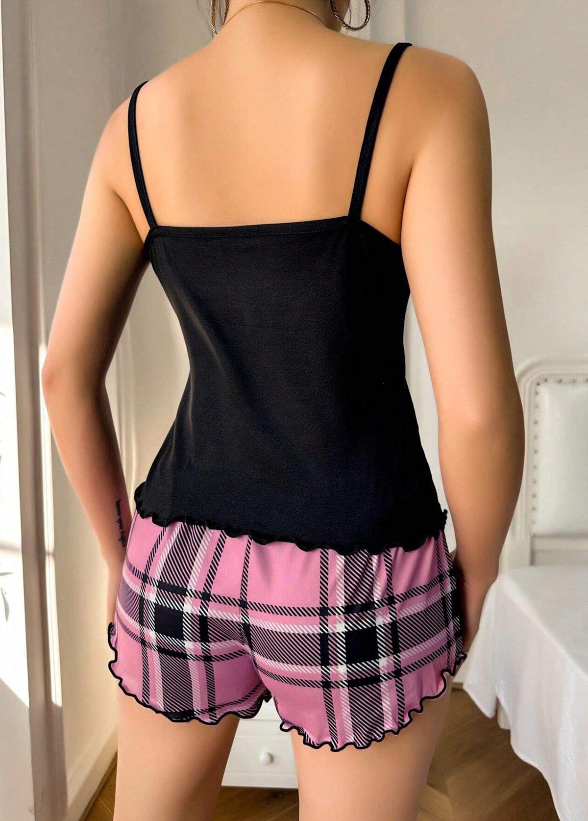Pink loungewear,Plaid loungewear,Geometric loungewear,Plaid Pink Scoop Neck Sleeveless Lounge Top and Shorts