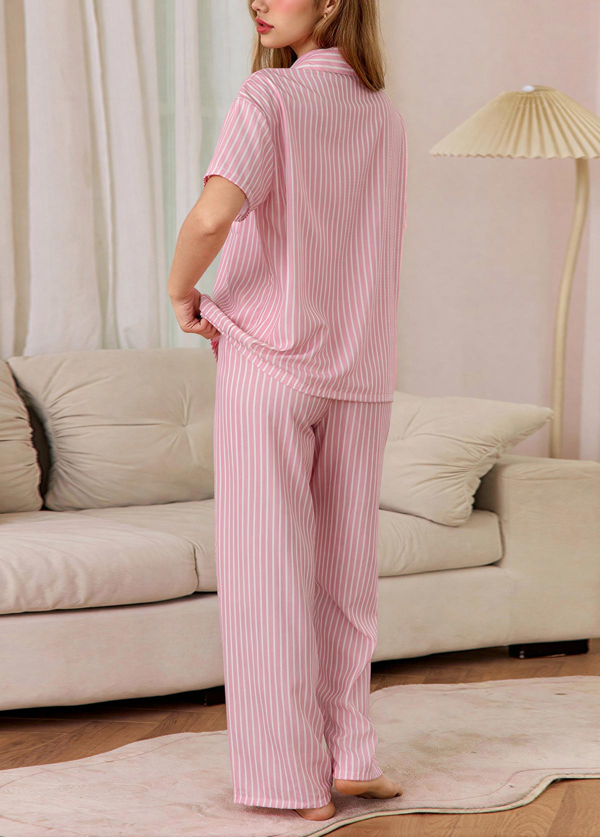 Pink loungewear,Striped loungewear,Geometric loungewear,Striped Pink Shirt Collar Lounge Top and Pants