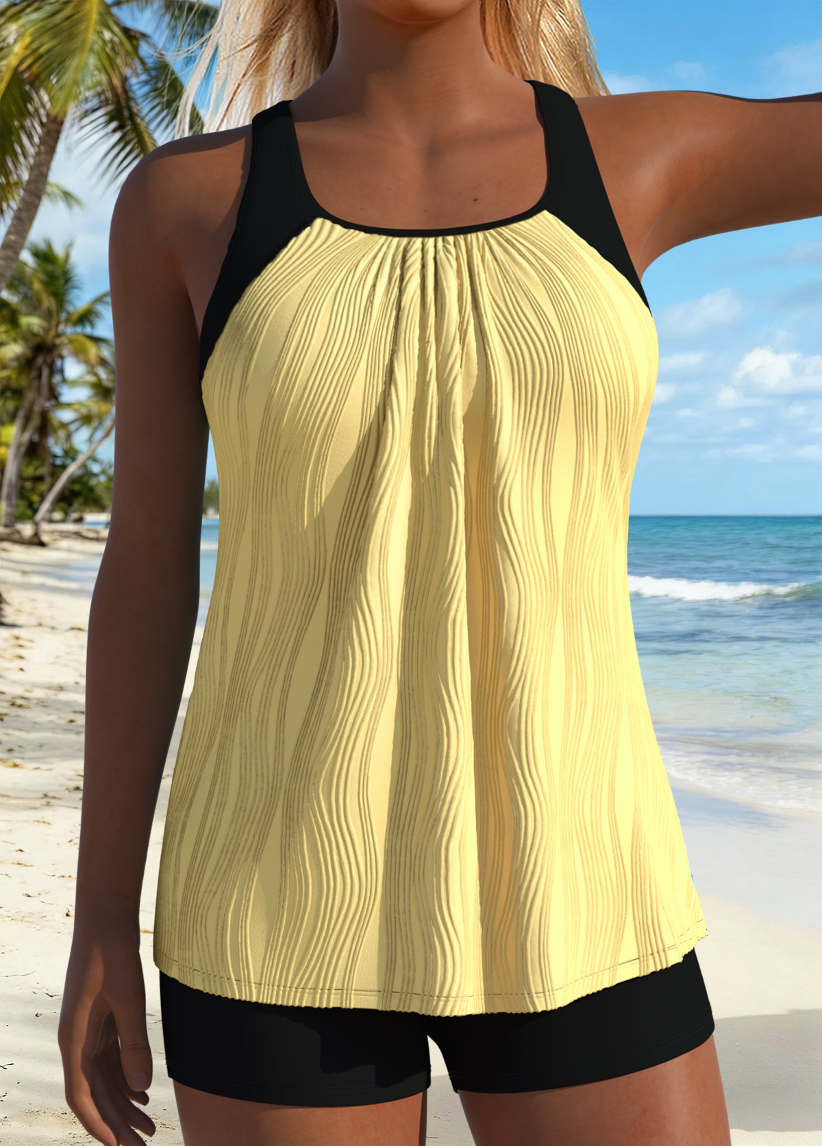 rotita cyanfarbenes mehrlagiges gerafftes Patchwork-Tankini-Top-Kein Boden