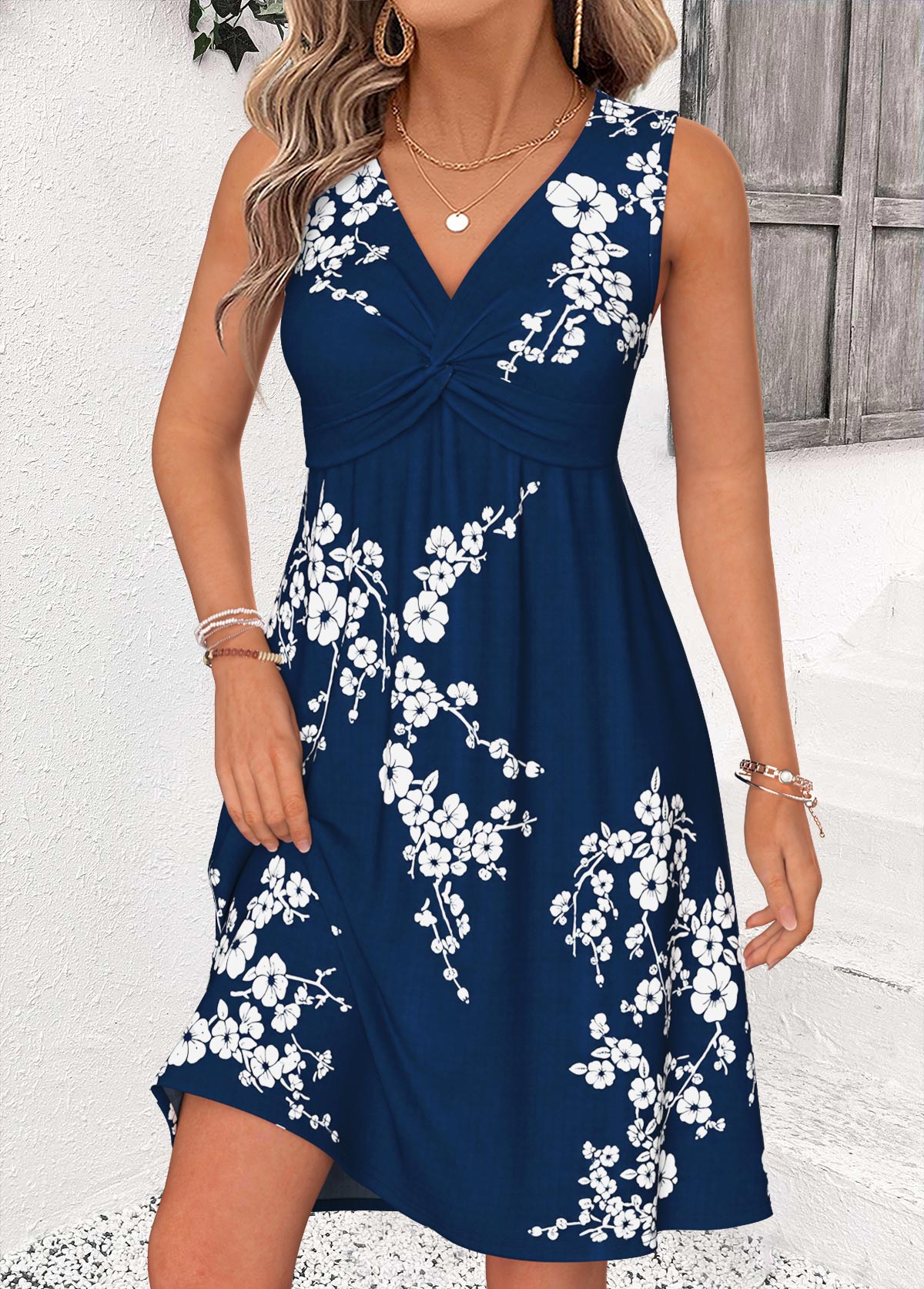 Navy dresses,Floral dresses,Plants dresses,Vacation dresses,Vacation dresses,ROTITA Navy Floral Print Shirred Short V Neck Sleeveless Dress