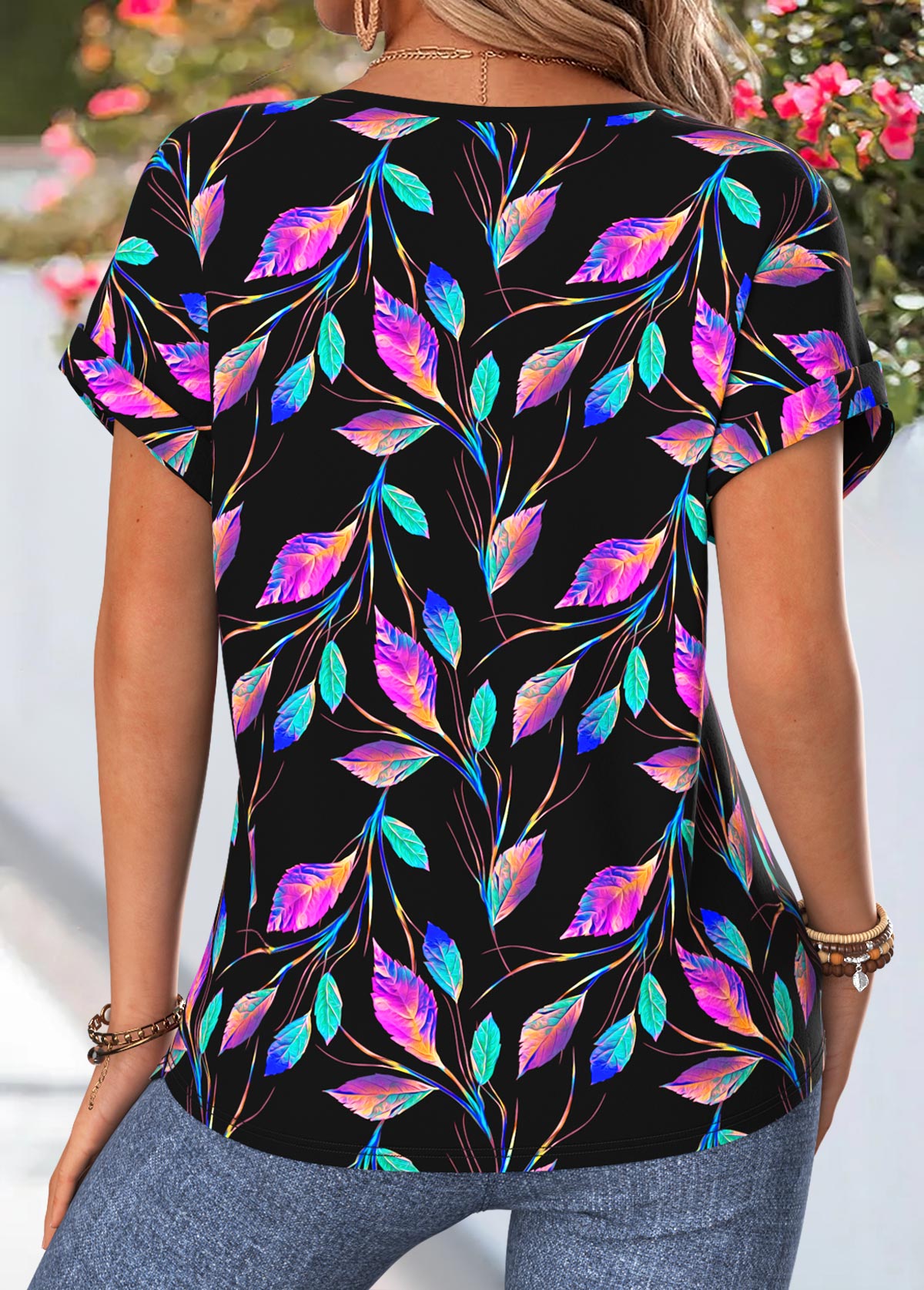 Black tops,Floral tops,Plants tops,ROTITA Tummy Coverage Floral Print Black Split Neck Blouse