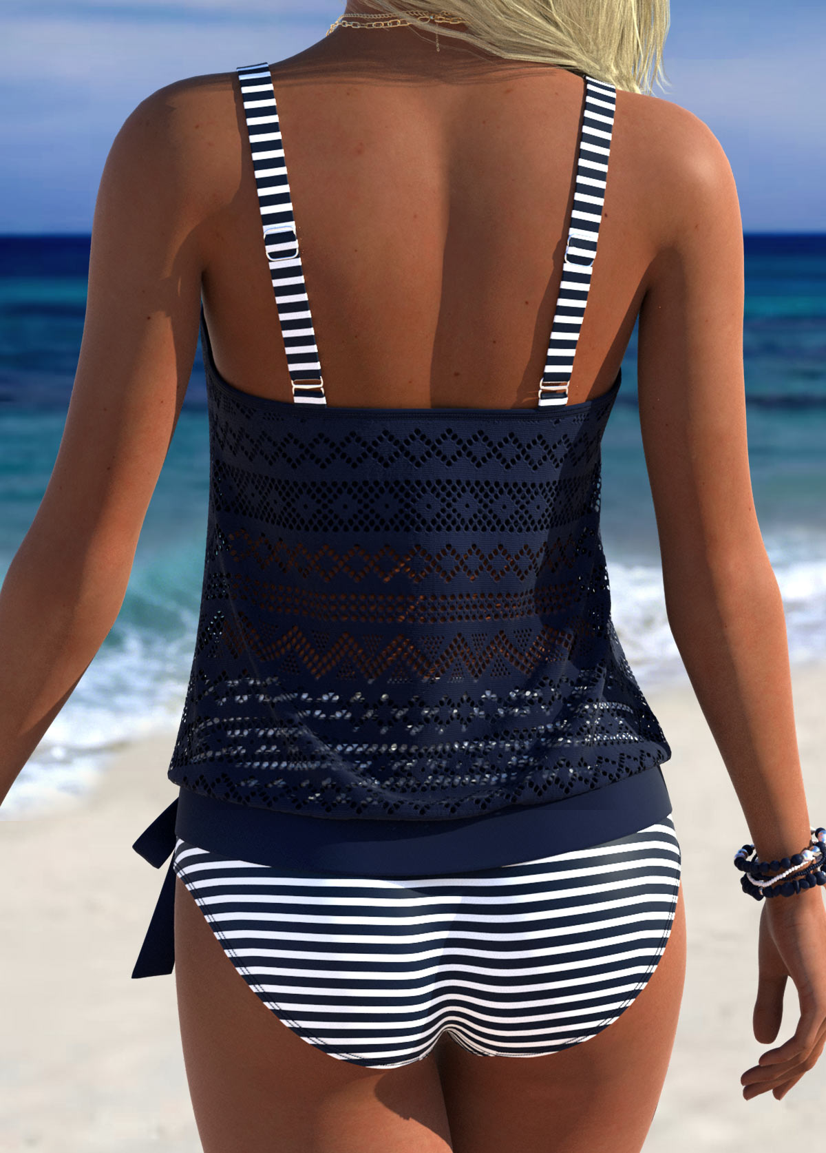 Navy swimwear,Striped swimwear,Geometric swimwear,ROTITA Navy Blouson Striped Mid Waisted Tankini Set