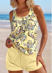 Light Yellow swimwear,Tribal swimwear,Floral swimwear,Plants swimwear,ROTITA Patchwork Light Yellow Tribal Print Tankini Set