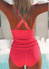 Red swimwear,Plaid swimwear,Geometric swimwear,ROTITA Ruffle Red Plaid Mid Waisted Tankini Set