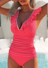 Red swimwear,Plaid swimwear,Geometric swimwear,ROTITA Ruffle Red Plaid Mid Waisted Tankini Set