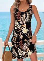 ROTITA Tummy Coverage Leaf Print Black Short Scoop Neck Dress