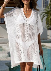 White swimwear,Plain Color swimwear,White V Neck Tummy Coverage Cover Up
