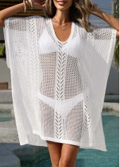 White swimwear,Plain Color swimwear,White V Neck Tummy Coverage Cover Up