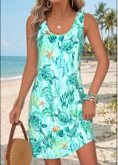 Mint Green dresses,Animal Print dresses,Vacation dresses,ROTITA Plus Size Tummy Coverage Marine Life Print Short Dress
