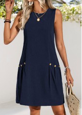 ROTITA Double Side Pockets Navy Short Round Neck Sleeveless Dress