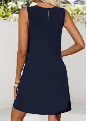 Navy dresses,Plain Color dresses,Everyday dresses,Casual dresses,ROTITA Double Side Pockets Navy Short Round Neck Sleeveless Dress