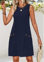 Navy dresses,Plain Color dresses,Everyday dresses,Casual dresses,ROTITA Double Side Pockets Navy Short Round Neck Sleeveless Dress