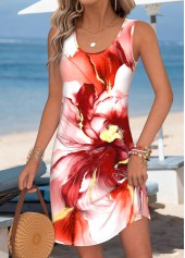 White dresses,Floral dresses,Plants dresses,Vacation dresses,Vacation dresses,ROTITA Tummy Coverage Floral Print White Short Round Neck Dress